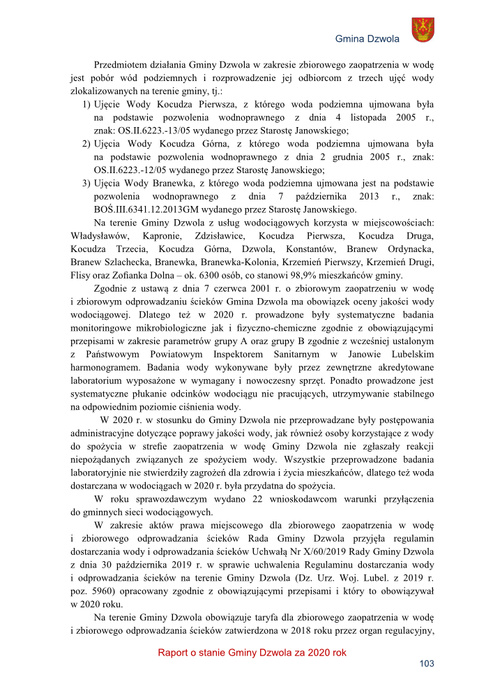 Strona tekstowa z informacjami o wodociągach i regulacjach Gminy Dzwola, z herbem gminy w prawym górnym rogu oraz czerwoną stopką "Raport o stanie Gminy Dzwola za 2020 rok".