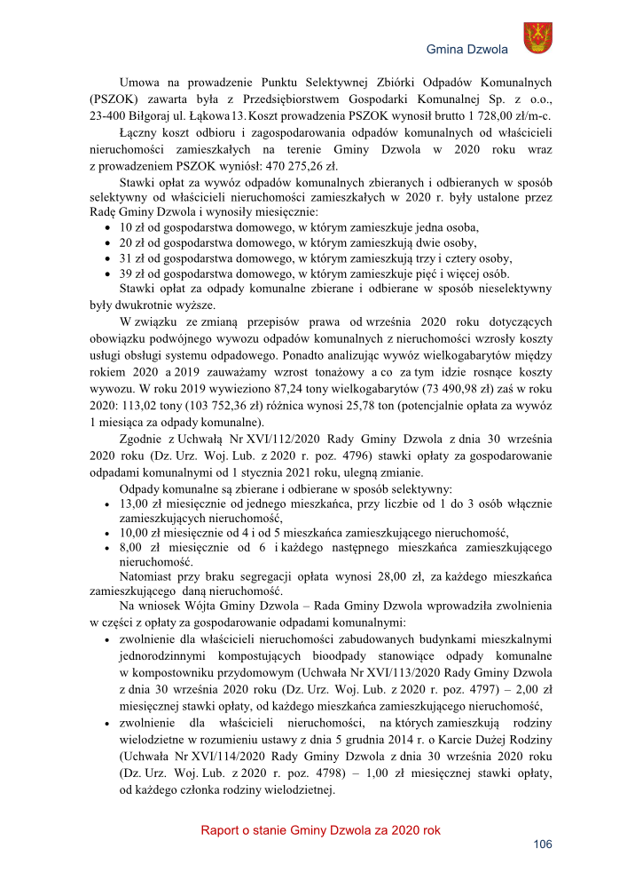 Strona tekstu z raportu Gminy Dzwola z 2020 roku, zawierająca informacje o kosztach i stawkach opłat za wywóz odpadów komunalnych, z nagłówkiem i herbem gminy w prawym górnym rogu.