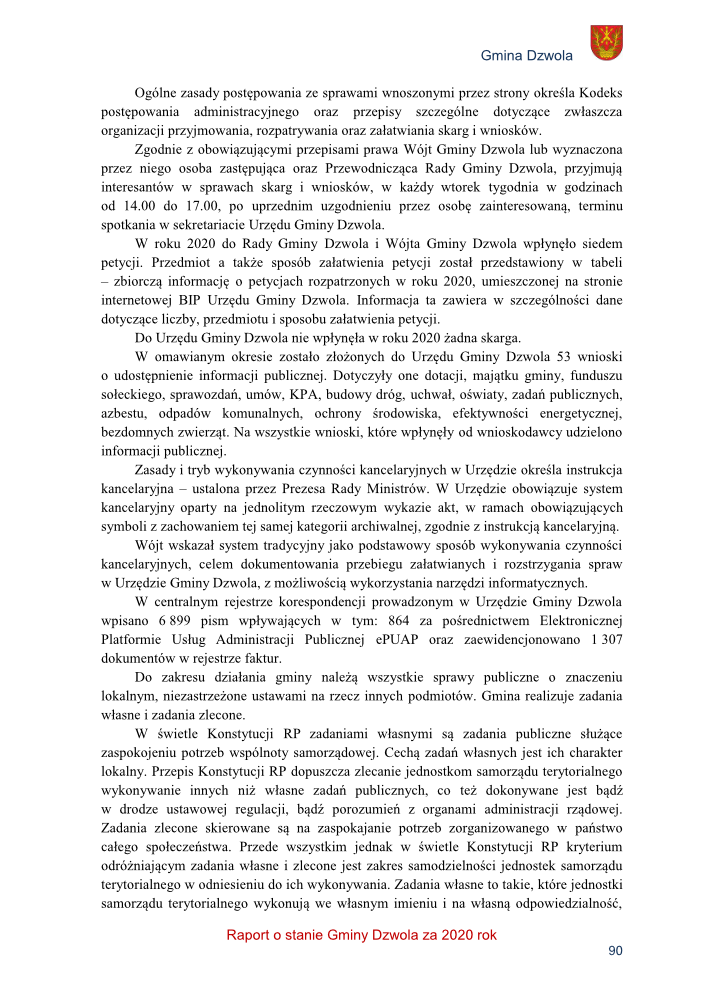 Tekst czarno-biały, nagłówek z herbem i napisem "Gmina Dzwola", fragment raportu o stanie gminy Dzwola za 2020 rok, strona z numerem 90.