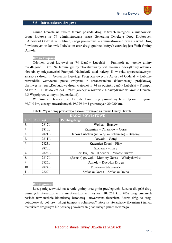 Strona dokumentu z informacjami o infrastrukturze drogowej Gminy Dzwola, zawiera tekst, tabelę z numerami i przebiegiem dróg powiatowych, nagłówki i logo gminy w prawym górnym rogu.