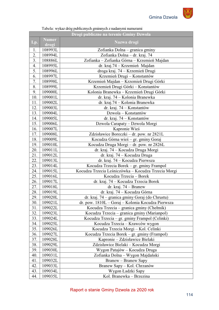 Tabela z wykazem numerów i nazw dróg publicznych na terenie Gminy Dzwola, czarno-biała, tekst na białym tle, nagłówek w szarym tle.