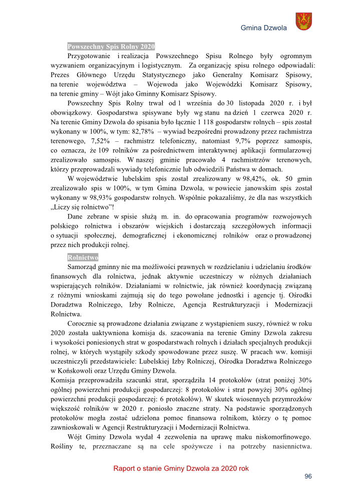 Tekst dokumentu z nagłówkami "Powszechny Spis Rolny 2020" i "Rolnictwo" oraz herbem Gminy Dzwola w prawym górnym rogu. Tekst zawiera szczegółowe informacje o spisie rolnym i działalności rolniczej w gminie.