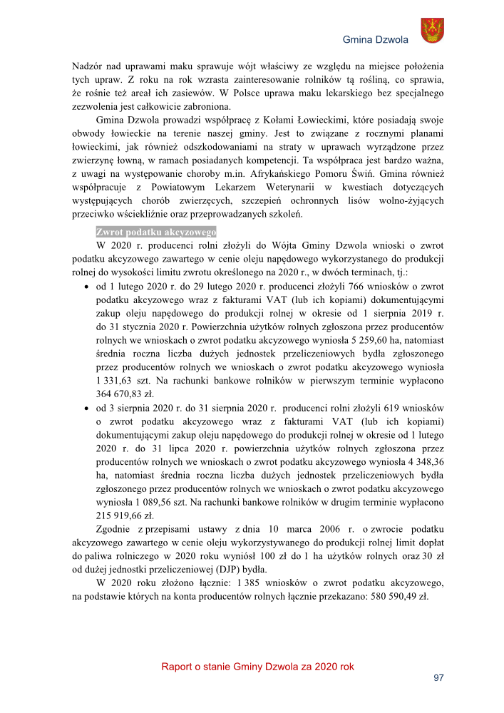 Strona tekstu z herbem Gminy Dzwola, zawiera informacje o zwrocie podatku akcyzowego dla producentów rolnych w 2020 roku, z wyróżnionym podtytułem i punktami opisującymi terminy i kwoty.