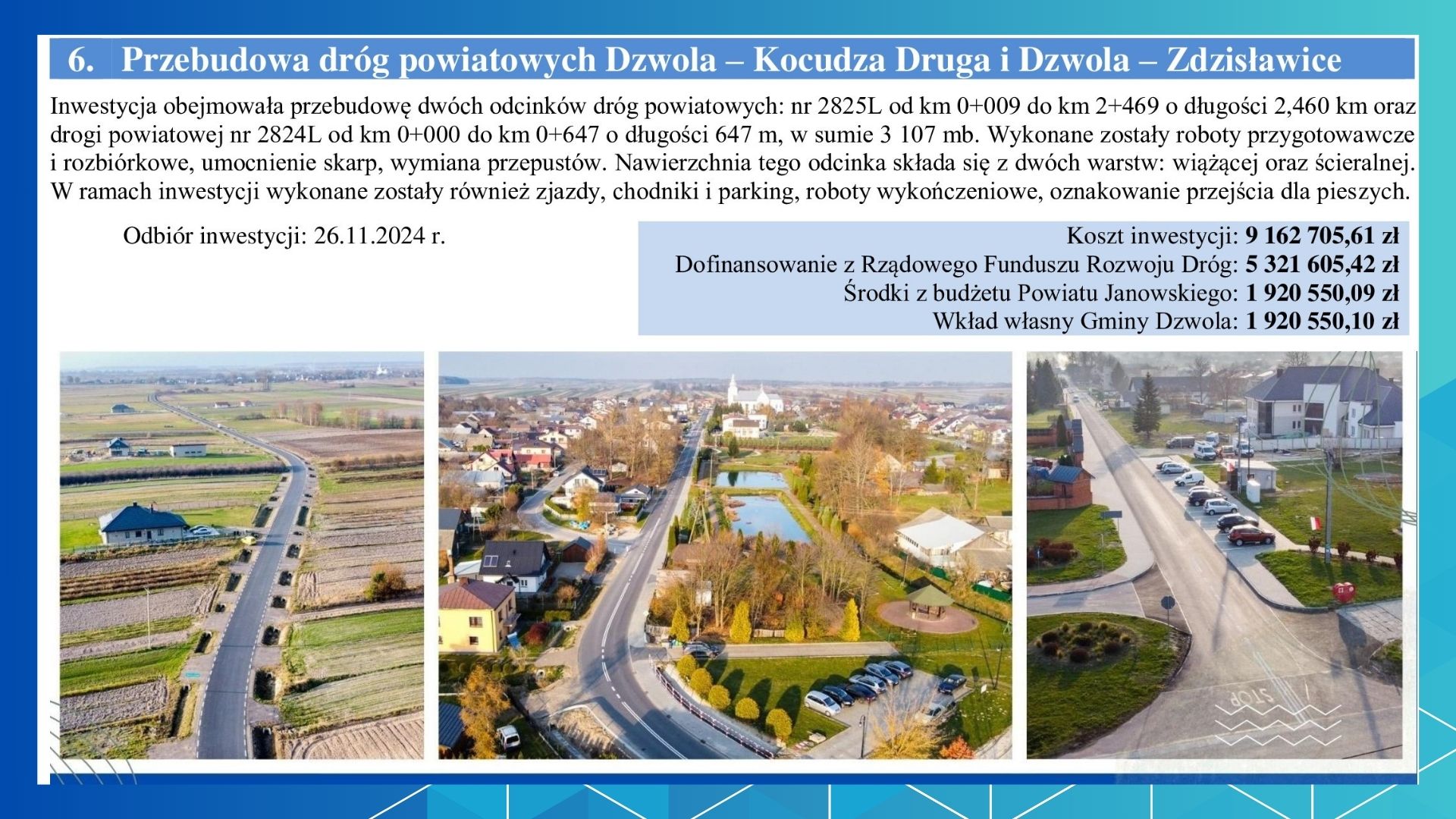 Trzy zdjęcia dróg powiatowych i terenów przyległych: pole, domy, parking, zieleń, chodniki, widok z lotu ptaka, bezchmurne niebo.
