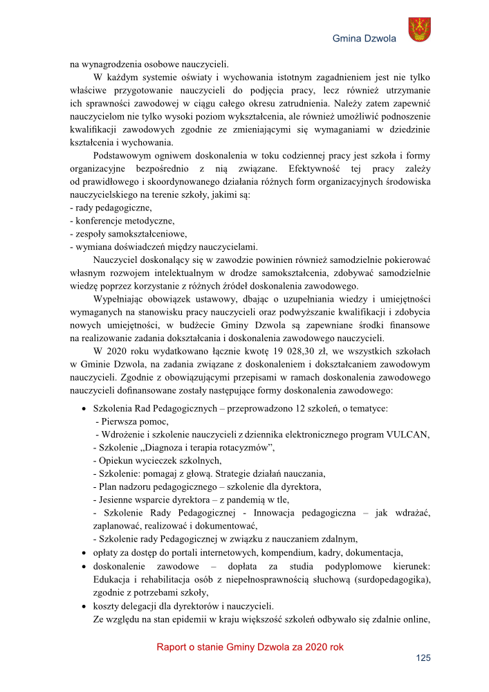 Tekst na białym tle z logo Gminy Dzwola w prawym górnym rogu, zawierający informacje o doskonaleniu zawodowym nauczycieli w 2020 roku, wypunktowania i akapity.