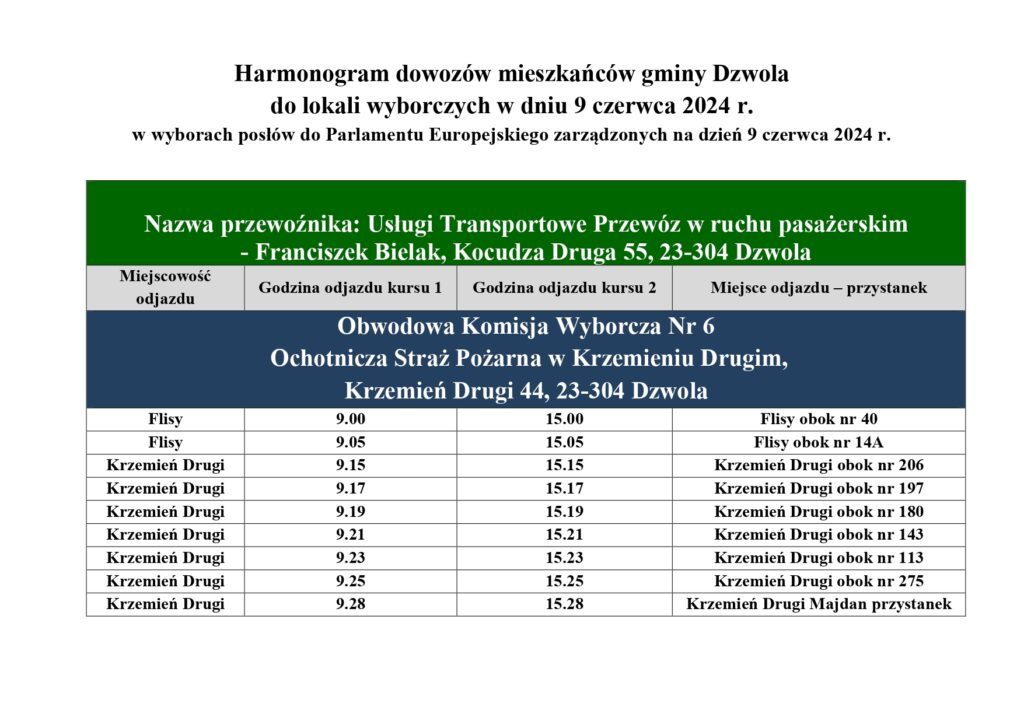 Harmonogram dowozów mieszkańców gminy Dzwola do lokali wyborczych 9 czerwca 2024, tabela z miejscowościami Flisy i Krzemień Drugi, godzinami odjazdu i przystankami, kolory zielony i granatowy.
