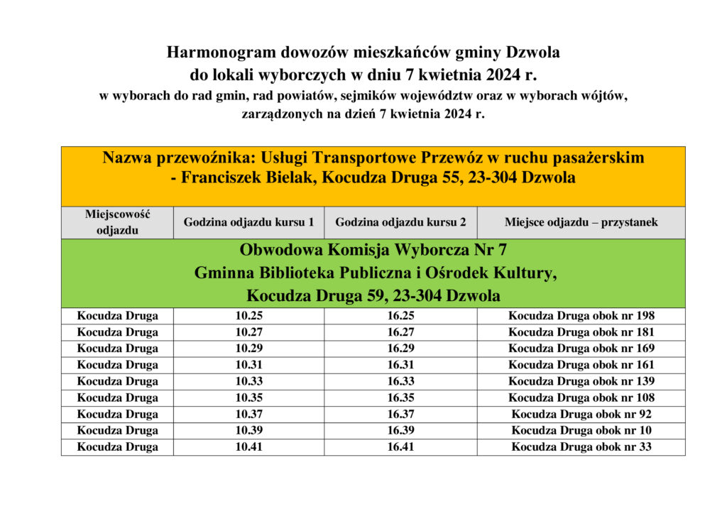 Harmonogram dowozów mieszkańców gminy Dzwola do lokali wyborczych 7.04.2024, przewoźnik Franciszek Bielak, godziny odjazdów kursów z Kocudza Druga, przystanki obok numerów domów.