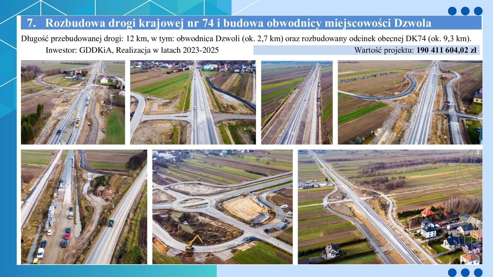 Rozbudowa drogi krajowej nr 74 i obwodnica Dzwoli, zdjęcia z lotu ptaka pokazujące budowę drogi, ronda, maszyny budowlane, pola i zabudowania mieszkalne.