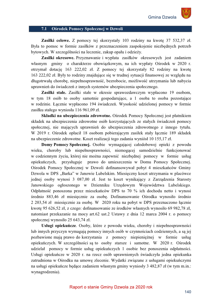 Tekst na białym tle z nagłówkiem "7.1 Ośrodek Pomocy Społecznej w Dzwoli" i herbem Gminy Dzwola w prawym górnym rogu, opisujący różne formy zasiłków i usług opiekuńczych w 2020 roku.