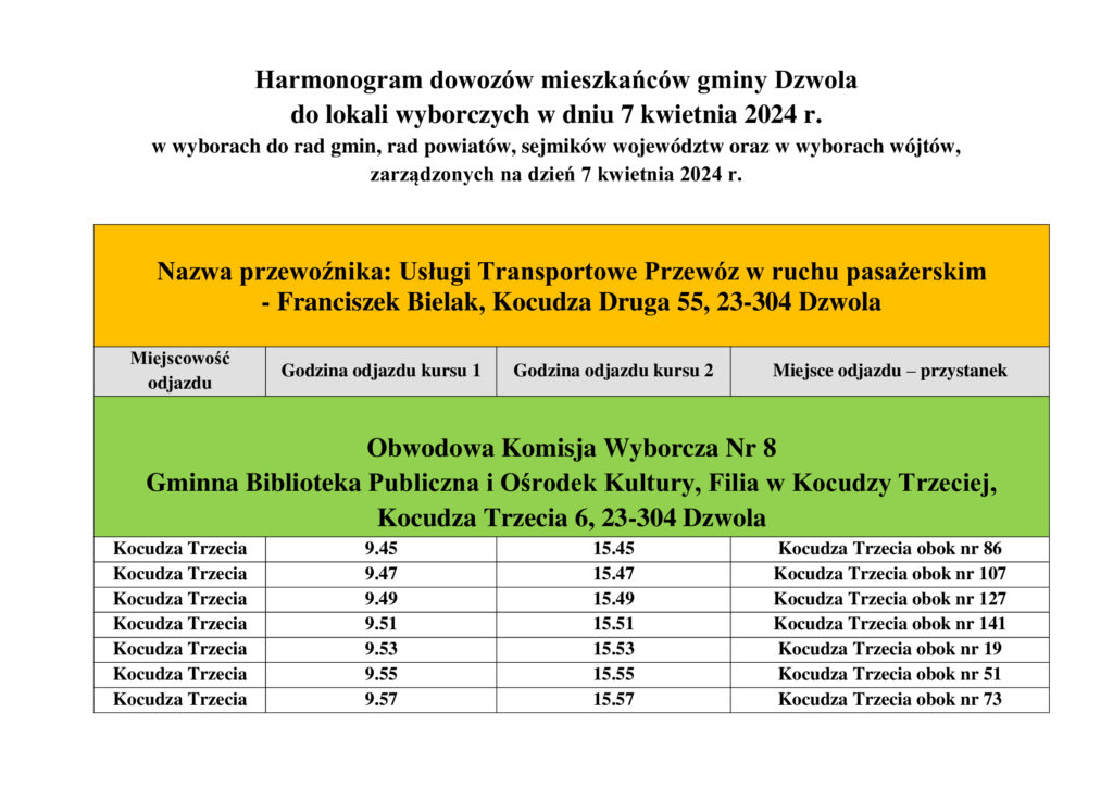 Harmonogram dowozów mieszkańców gminy Dzwola do lokali wyborczych, kursy o godzinach od 9:45 do 9:57 i od 15:45 do 15:57 z przystanków w Kocudzy Trzeciej.