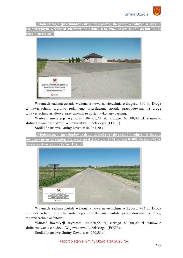 Droga asfaltowa z parkingiem przy budynku i ogrodzeniu na tle pola i błękitnego nieba; druga droga asfaltowa między polami pod bezchmurnym niebem.