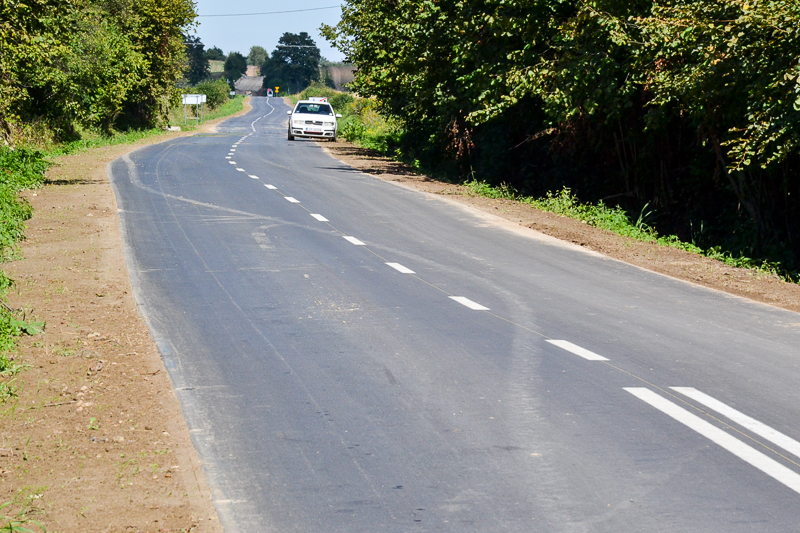 Asfaltowa droga z białym samochodem zaparkowanym po prawej stronie, otoczona zielonymi drzewami i krzewami po obu stronach.