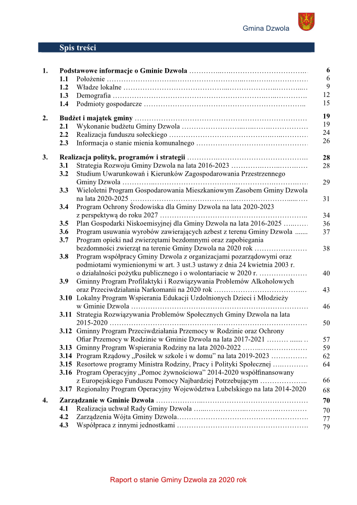 Spis treści raportu o stanie Gminy Dzwola za 2020 rok z podziałem na rozdziały i podrozdziały, z numerami stron, tekst czarny na białym tle, herb gminy w prawym górnym rogu.