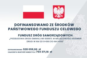 Flaga Polski i godło w czerwonym polu, tekst o dofinansowaniu z Funduszu Dróg Samorządowych, biało-szare tło z delikatnym wzorem orła.