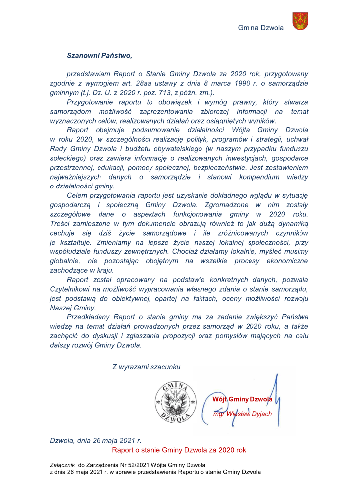 Herb gminy Dzwola w prawym górnym rogu, tekst raportu z informacją o stanie gminy Dzwola za 2020 rok, pieczęć i podpis Wójta Gminy Dzwola, daty i nagłówki w kolorze czerwonym.