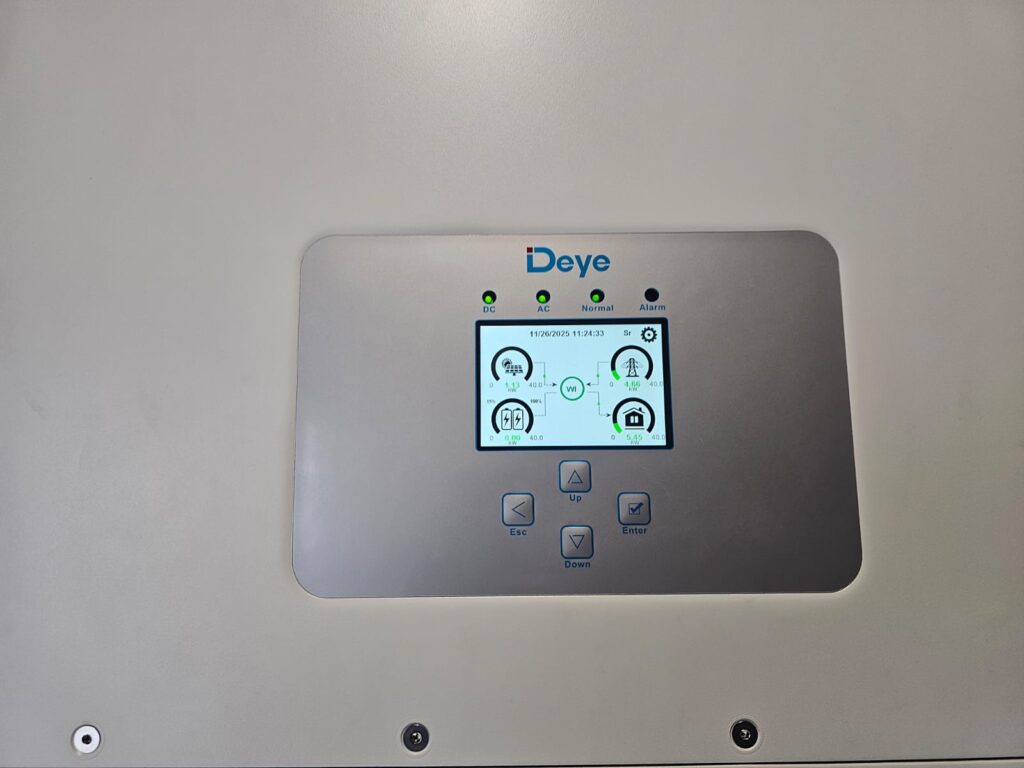 Panel sterowania z ekranem LCD, cztery zielone diody LED, cztery niebieskie przyciski, jasnoszara obudowa.