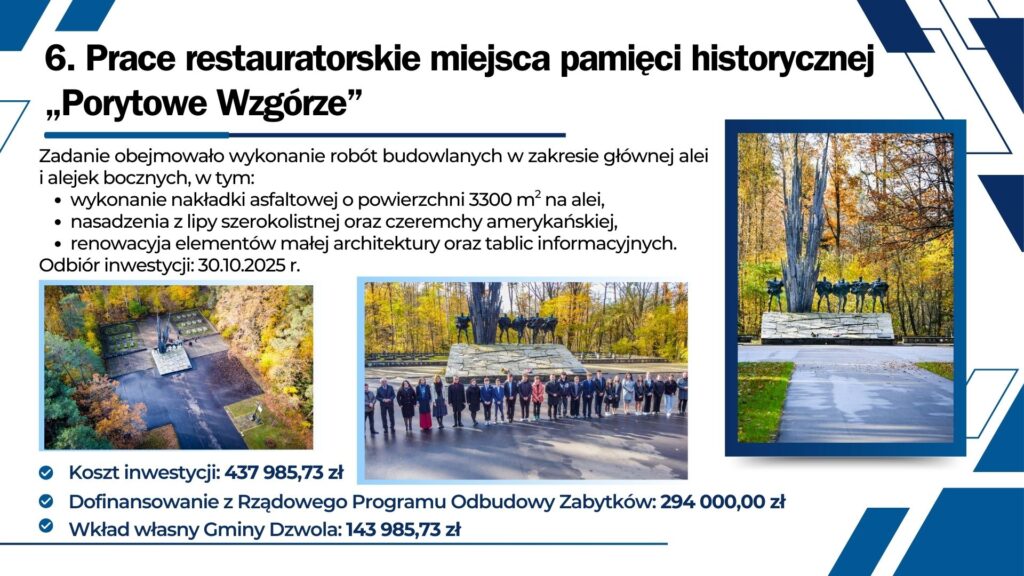 Pomnik z grupą postaci na kamiennej podstawie w lesie jesienią, asfaltowa aleja, ludzie stojący w rzędzie przed pomnikiem, widok z drona na pomnik i otoczenie drzew.