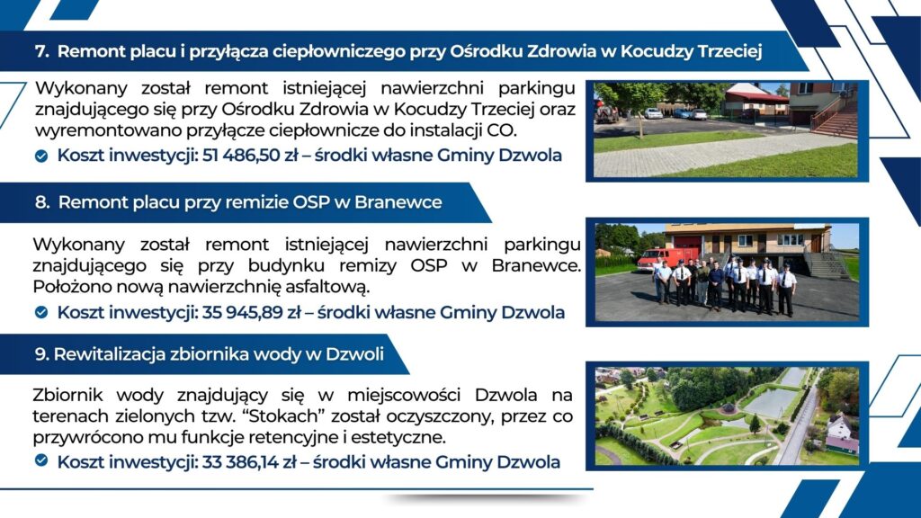 Parking z kostki brukowej i trawa obok budynku, grupa osób w mundurach na czarnym asfalcie przed budynkiem, widok z lotu ptaka na zielony park z jeziorem i drogą.