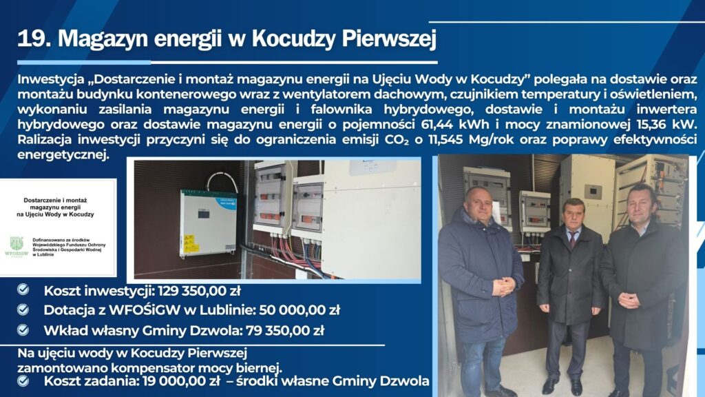 Trzech mężczyzn w kurtkach i płaszczach stoi obok urządzeń elektrycznych w pomieszczeniu z brązowymi ścianami. Panel elektryczny i przewody.