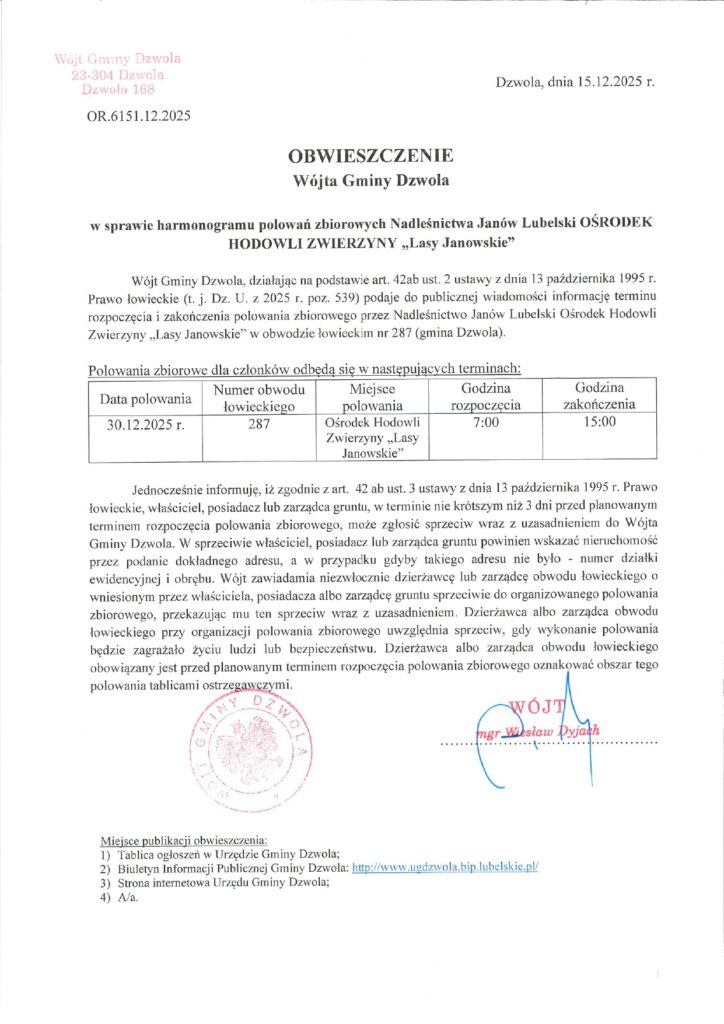 Dokument z nagłówkiem, tabelą z terminem polowania 30.12.2025, pieczęcią i podpisem, zawiera informacje o harmonogramie polowań zbiorowych w gminie Dzwola.