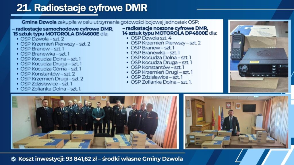 Tablica z informacjami o radiostacjach cyfrowych DMR, zdjęcia pudełek Motorola i radiostacji oraz grupy mężczyzn i mężczyzny w garniturze przy stole z pudłami.