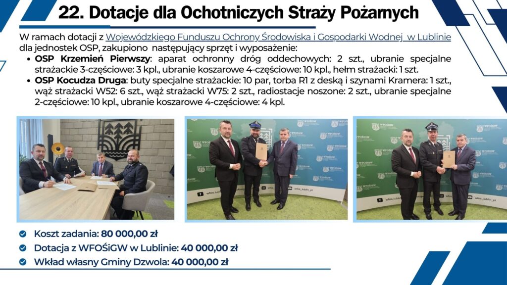 Trzy zdjęcia: czterech mężczyzn przy stole, trzech mężczyzn w garniturach i mundurze z dokumentem na zielonym tle z logo, trzech mężczyzn w garniturach i mundurze na zielonym tle z logo.