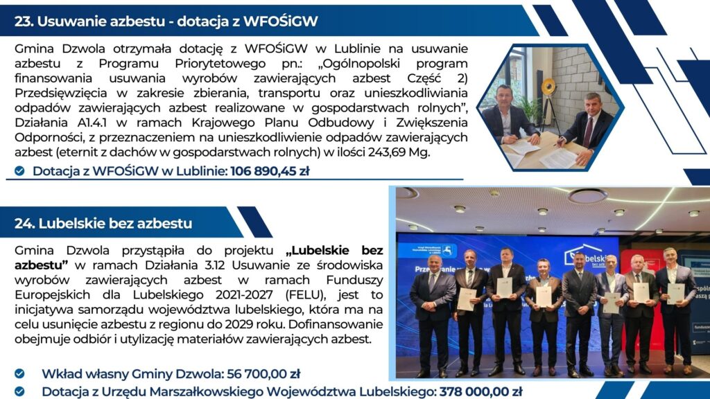 Dwóch mężczyzn siedzi przy stole z dokumentami, ośmiu mężczyzn stoi w rzędzie na tle niebieskiego ekranu z napisem "Lubelskie bez azbestu".