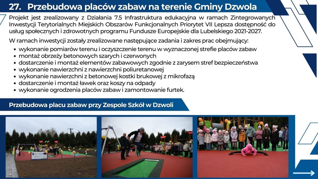 Tablica informacyjna o przebudowie placów zabaw w Gminie Dzwola, tekst z opisem zakresu prac, trzy zdjęcia placu zabaw z dziećmi i dorosłymi na tle zieleni i kolorowej nawierzchni.