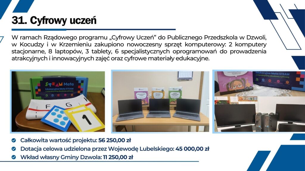 Kolorowa edukacyjna mata STEAM, trzy otwarte laptopy na drewnianym stole, dwa monitory z komputerami stacjonarnymi na biurku.