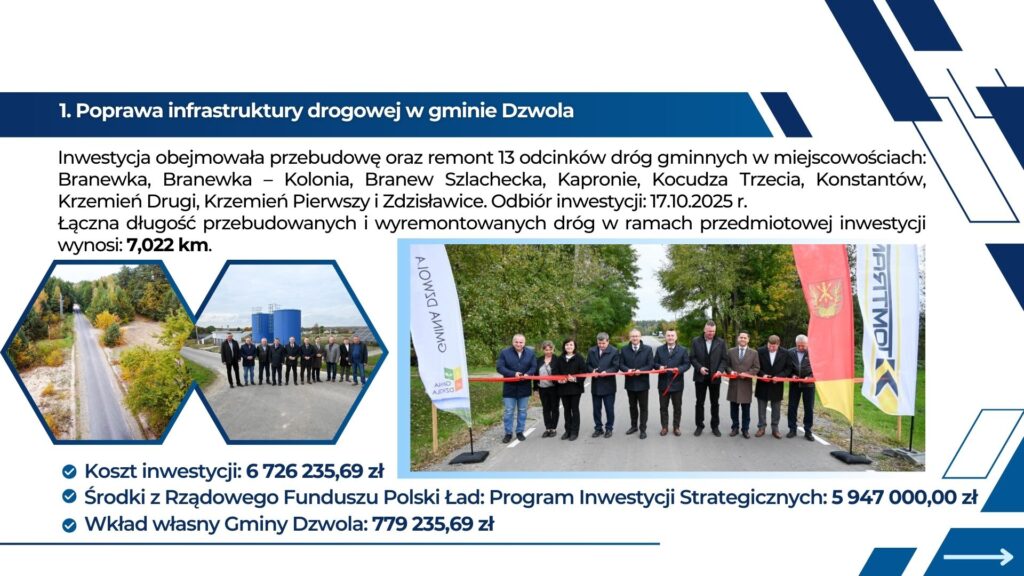 Trzy zdjęcia: asfaltowa droga w lesie, grupa mężczyzn na drodze przy budynkach, grupa osób przecinająca czerwoną wstęgę na drodze, flagi po bokach.