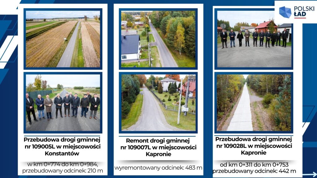 Trzy zestawy zdjęć dróg gminnych i grupy ludzi, pola, domy, drzewa jesienią, asfaltowe i betonowe nawierzchnie, napis z informacjami o przebudowie i remoncie dróg.