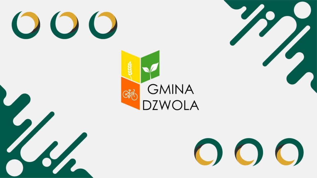 Logo Gmina Dzwola z trzema kolorowymi kwadratami i tekstem na jasnym tle z zielonymi abstrakcyjnymi wzorami w rogach oraz sześcioma kołowymi symbolami.