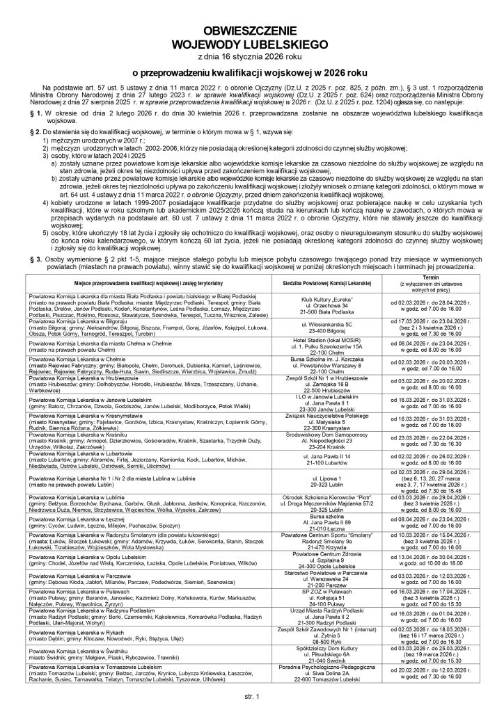 Obwieszczenie wojewody lubelskiego z 16 stycznia 2026 o przeprowadzeniu kwalifikacji wojskowej w 2026 roku, z wykazem miejsc, terminów i komisji lekarskich.