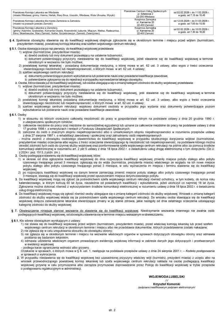 Tekst urzędowy dotyczący obowiązku stawienia się do kwalifikacji wojskowej, z tabelą komisji lekarskich i szczegółowymi paragrafami na temat wymagań, dokumentów i konsekwencji.