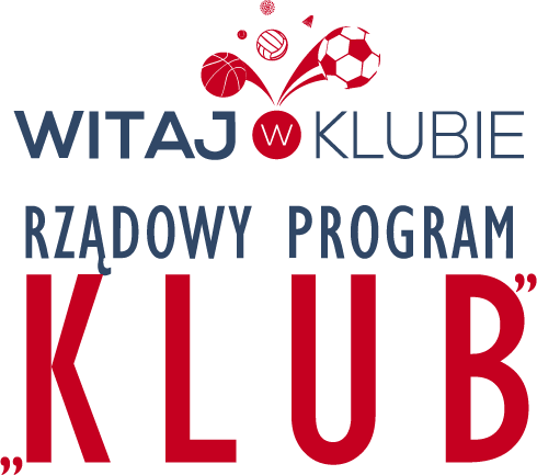 Niebieski i czerwony napis "Witaj w klubie" z ikonami piłek oraz tekst "Rządowy program Klub" w stylizowanej formie.