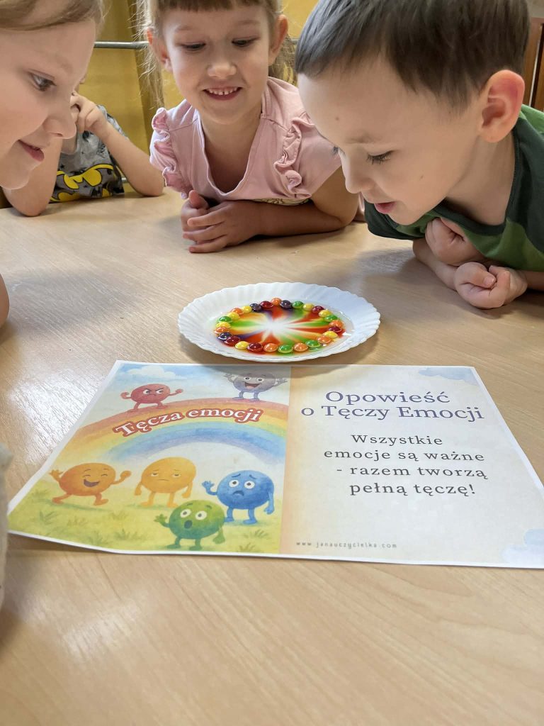 Troje dzieci pochylonych nad talerzykiem z kolorowymi cukierkami ułożonymi w okrąg na jasnym stole, obok kartka z ilustracją tęczy i tekstem po polsku.