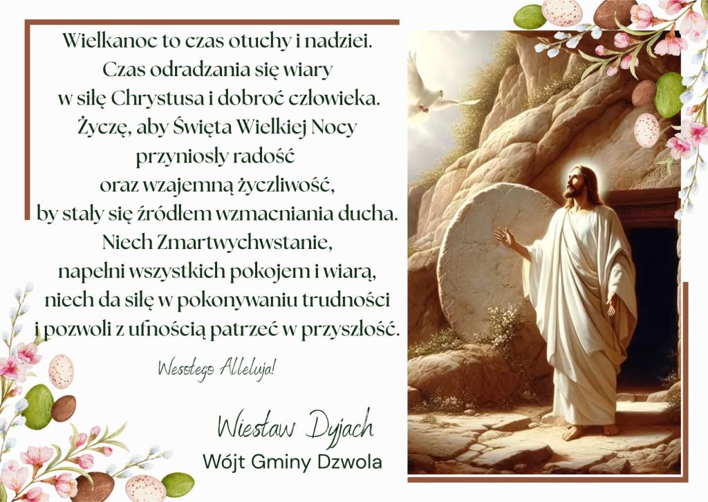 Postać Jezusa w białej szacie stojąca przy kamiennym grobie z otwartym kamieniem, gołąb w locie, ozdobne gałązki z różowymi kwiatami i pisankami.