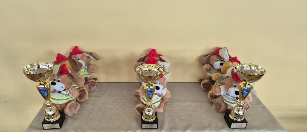 Złote puchary na czarnych podstawach ustawione przed pluszowymi psami w czerwonych czapkach i kamizelkach odblaskowych na jasnym stole.