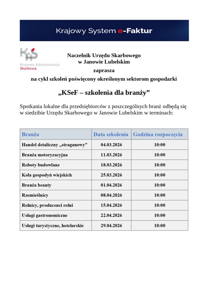 Logo Krajowej Administracji Skarbowej, informacja o szkoleniach KSeF dla branż, tabela z datami i godzinami szkoleń od marca do kwietnia 2026 roku, czarny i niebieski tekst na białym tle.
