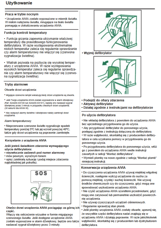 Instrukcja obsługi defibrylatora AIVIA z opisem trybów alarmowych, funkcji kontroli temperatury, korzystania, wyjmowania defibrylatora, postępowania po użyciu i konserwacji urządzenia.