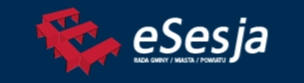 Ciemnoniebieskie tło z czerwonym geometrycznym symbolem i białym napisem "eSesja RADA GMINY / MIASTA / POWIATU".