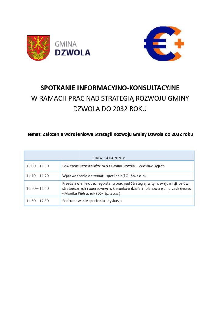 Herb gminy Dzwola, tekst dotyczący spotkania konsultacyjnego strategii rozwoju gminy, tabela z harmonogramem działań na 14.04.2026, logo EC+.