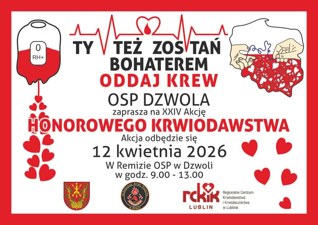 Plakat z czerwonym obramowaniem, ilustracja worka z krwią i sercami, ręce wyszywające kontur Polski, tekst czarno-czerwony o akcji honorowego krwiodawstwa 12 kwietnia 2026.