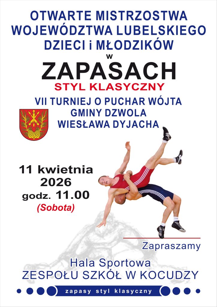 Dwóch zapaśników w strojach sportowych, jeden w czerwonym, drugi w granatowym, podczas dynamicznej akcji zapasów na białym tle z napisem i herbem.