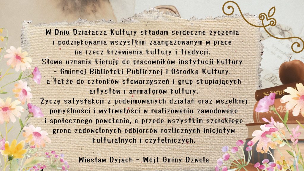 Tekst na tle papieru z kwiatami i książkami, ozdobny narożnik, czarny drukowany tekst w języku polskim.