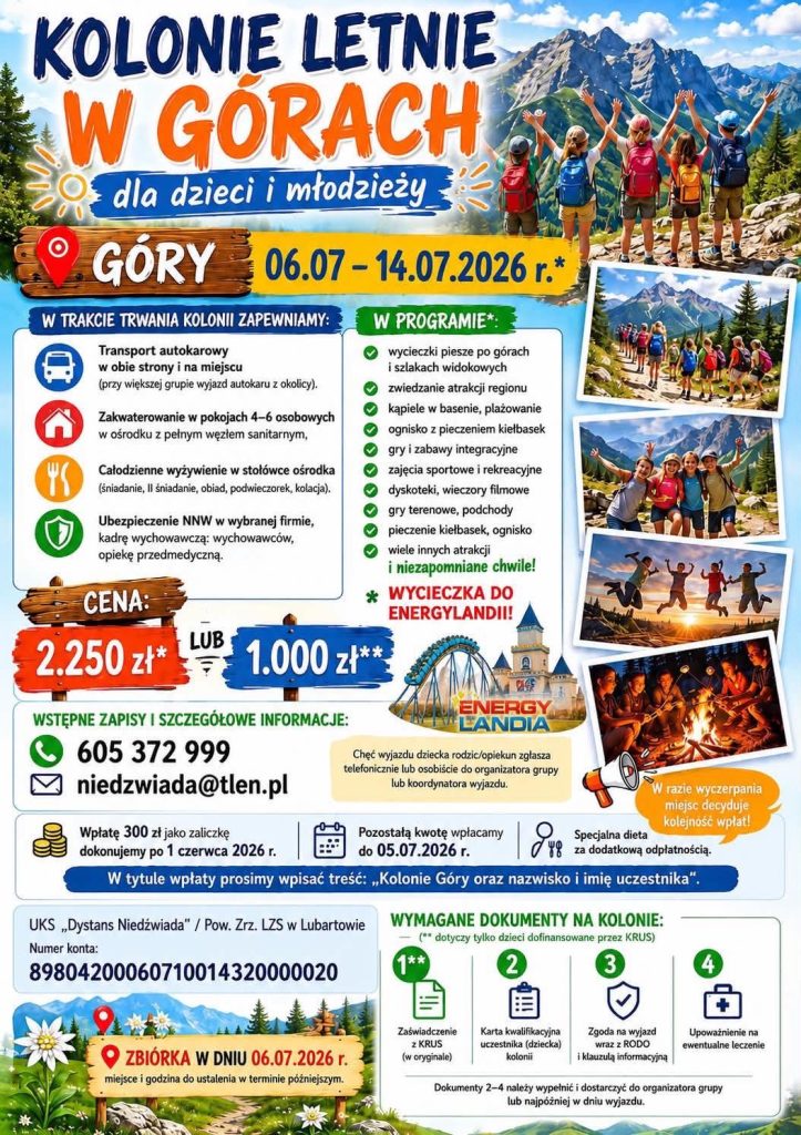 Plakat kolonii letnich w górach dla dzieci i młodzieży, kolorowy tekst i ikony, zdjęcia dzieci z plecakami na tle gór, informacje o terminie, cenie, programie i kontaktach.