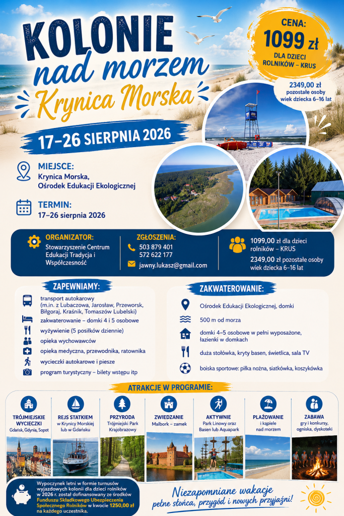 Plaża z piaskiem, wydmy z trawą, morze, błękitne niebo z chmurami, trzy okrągłe zdjęcia: wieża ratownicza na plaży, widok z lotu ptaka na wybrzeże, domki letniskowe z basenem, mewy w locie.