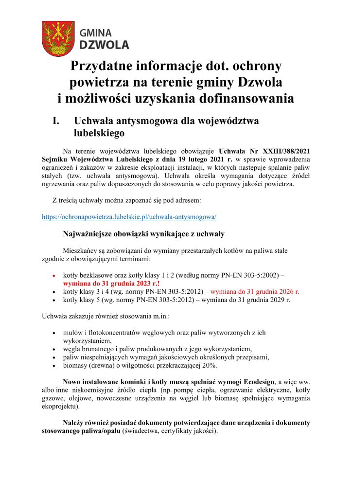 Herb gminy Dzwola, tekst informacyjny o uchwale antysmogowej dla województwa lubelskiego i terminach wymiany kotłów, zawiera link do strony internetowej.