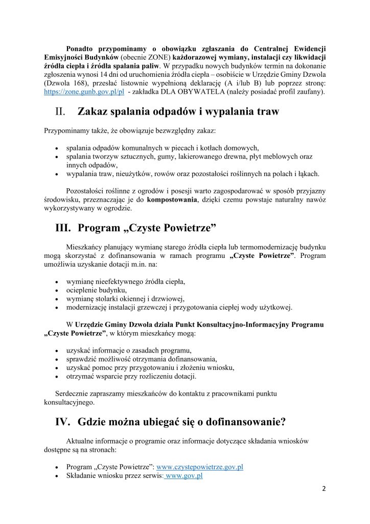 Tekst informacyjny z zakazem spalania odpadów i wypalania traw oraz opisem programu "Czyste Powietrze" i linkami do stron rządowych.