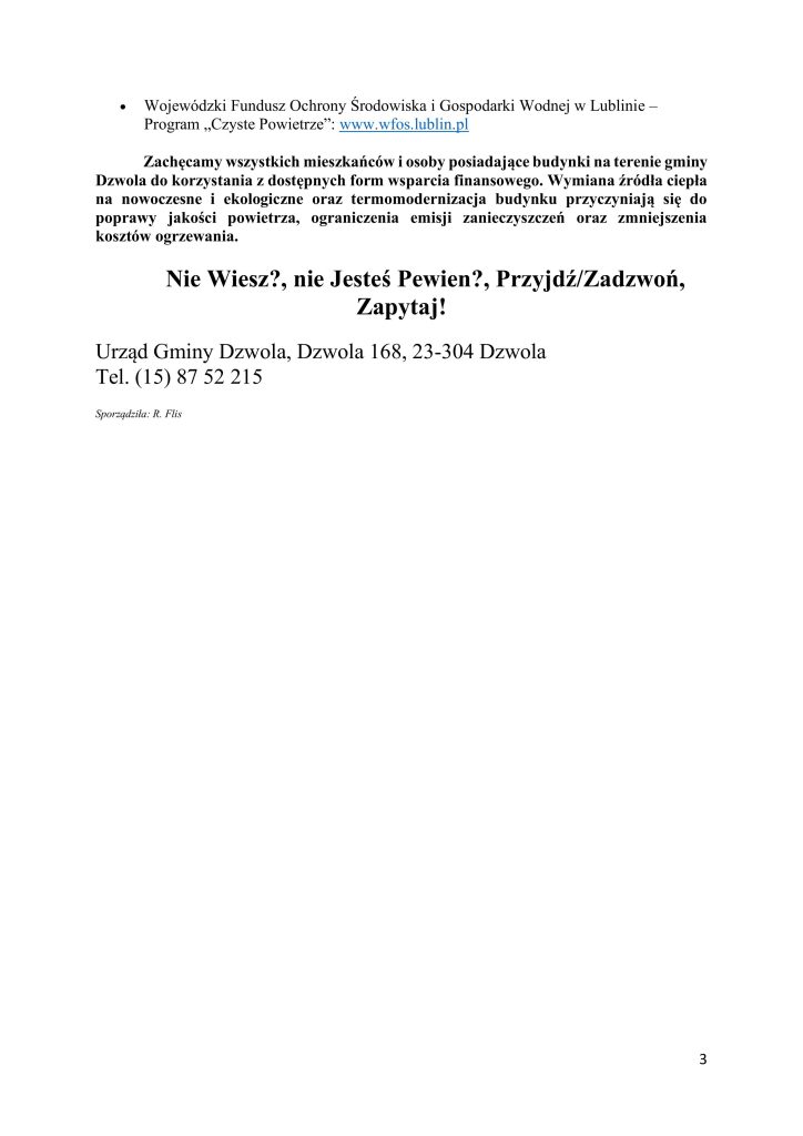 Tekst informacyjny o programie "Czyste Powietrze" z linkiem www.wfos.lublin.pl, zachęcający mieszkańców gminy Dzwola do korzystania z form wsparcia finansowego, z podanym adresem i numerem telefonu urzędu gminy.